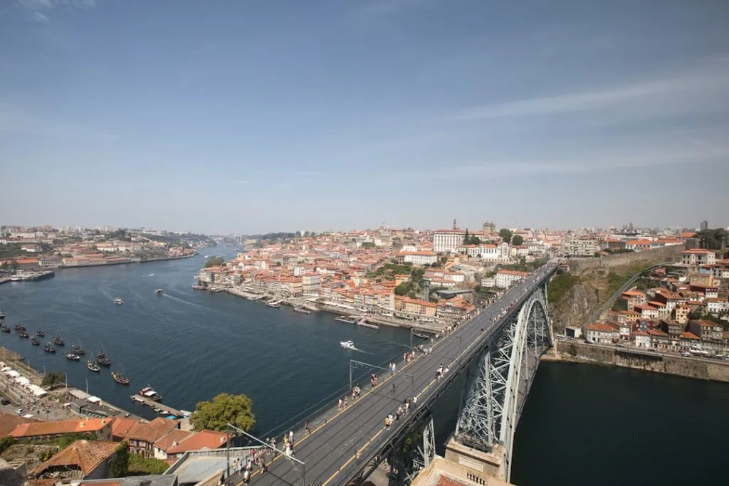 Aerial view of Porto and Dom Luís I bridge spanning the Douro