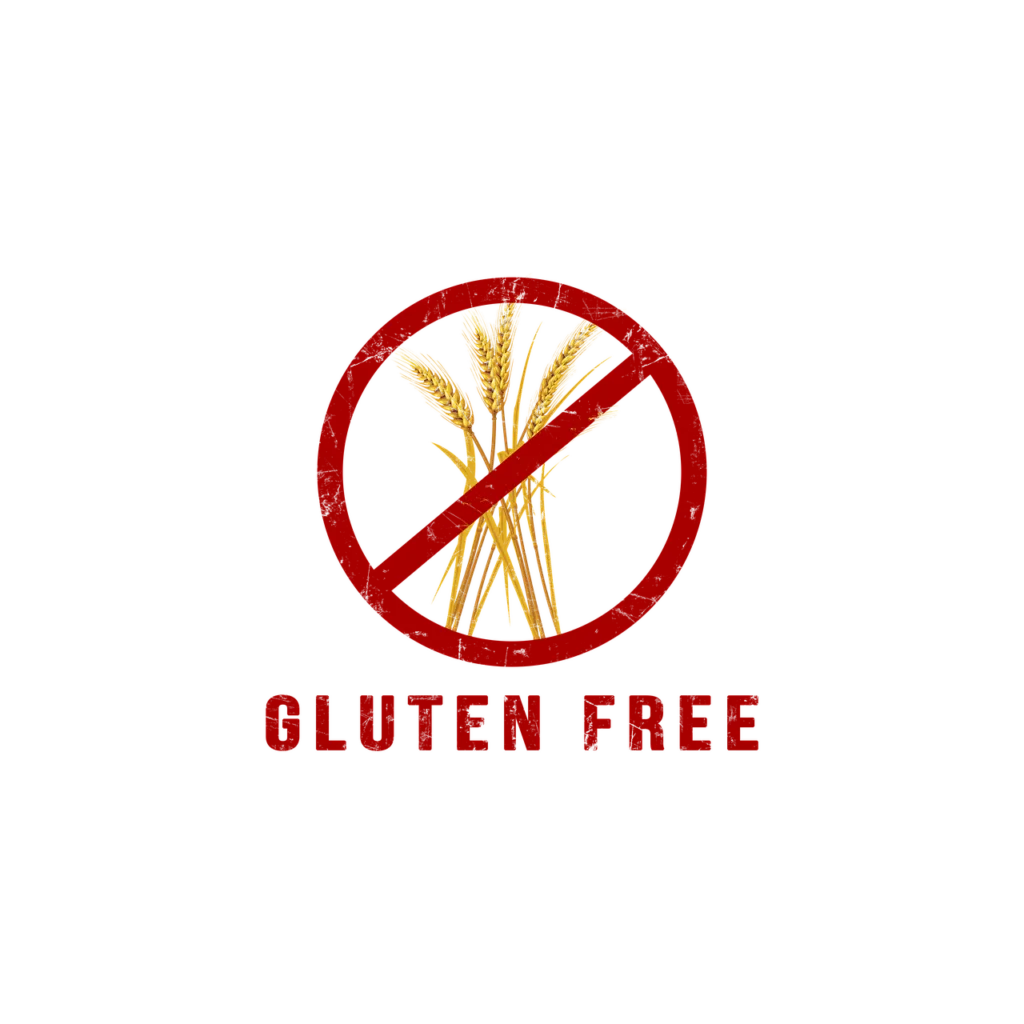 Red crossed-out wheat stalks and 'GLUTEN FREE' text on black background
