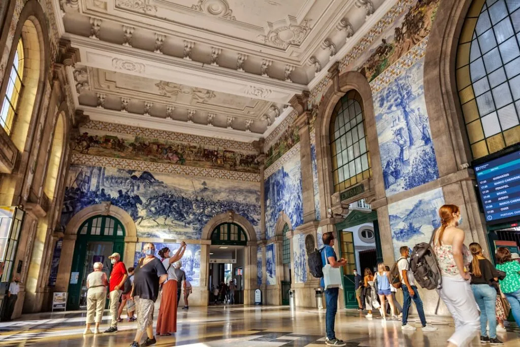 Grand São Bento station hall in Porto with blue azulejo tile panels