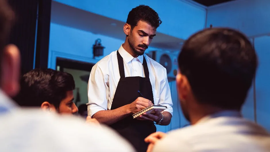 Waiter in black apron taking notes while attending diners in Porto restaurant