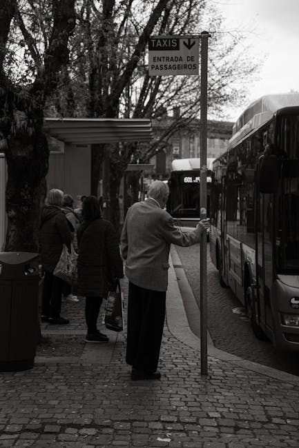 Passengers waiting at a Porto curbside bus stop under taxi sign