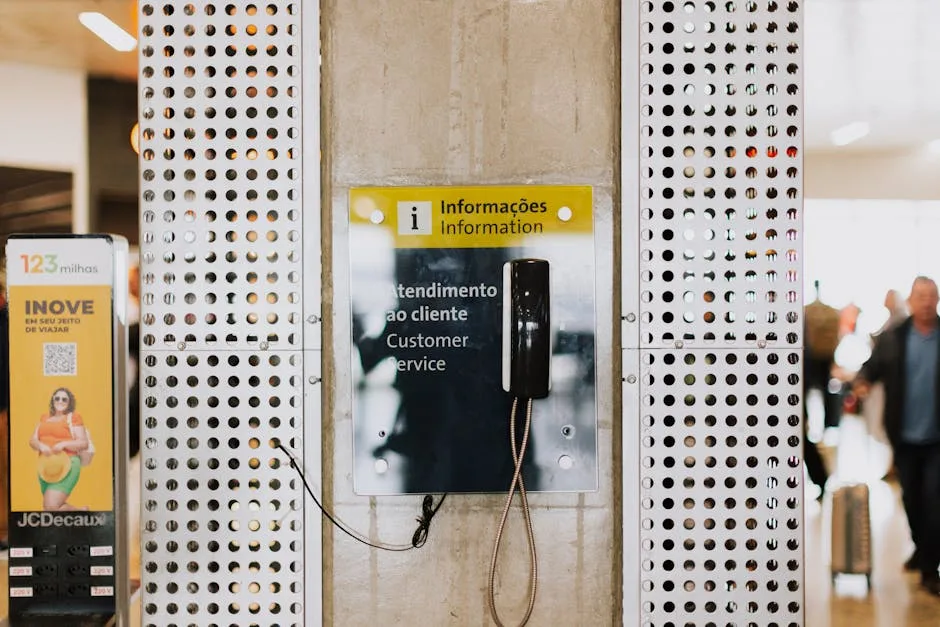 Yellow information sign and wall phone at Porto station customer service