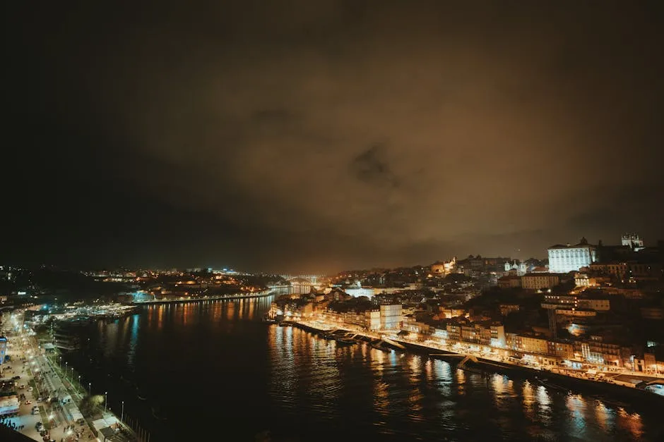 Porto rooftop bar night view over the river and city lights