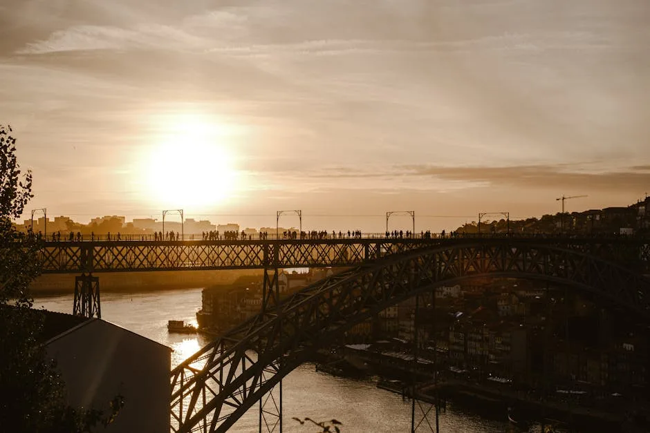 Sunset silhouette of Dom Luís I bridge over the Douro