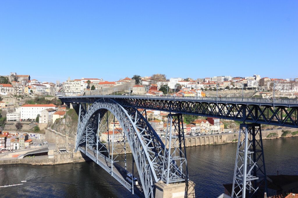 Double-deck Dom Luis I bridge spanning the Douro River in Porto