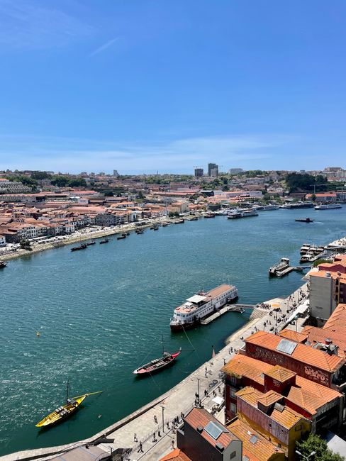Aerial view of Porto's Douro riverside with boats and waterfront buildings