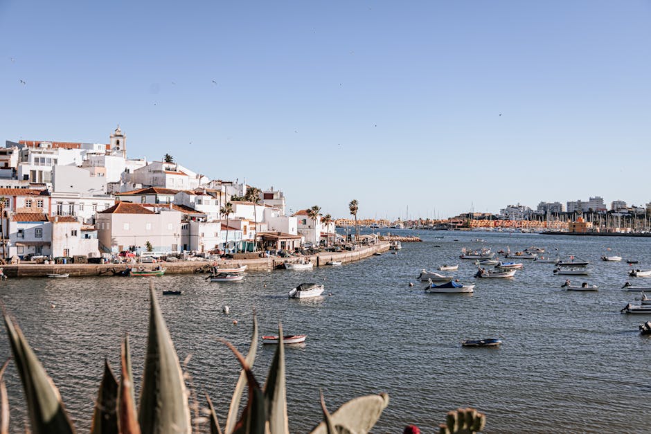 Hafen und Uferpromenade in Faro bei Sonnenuntergang