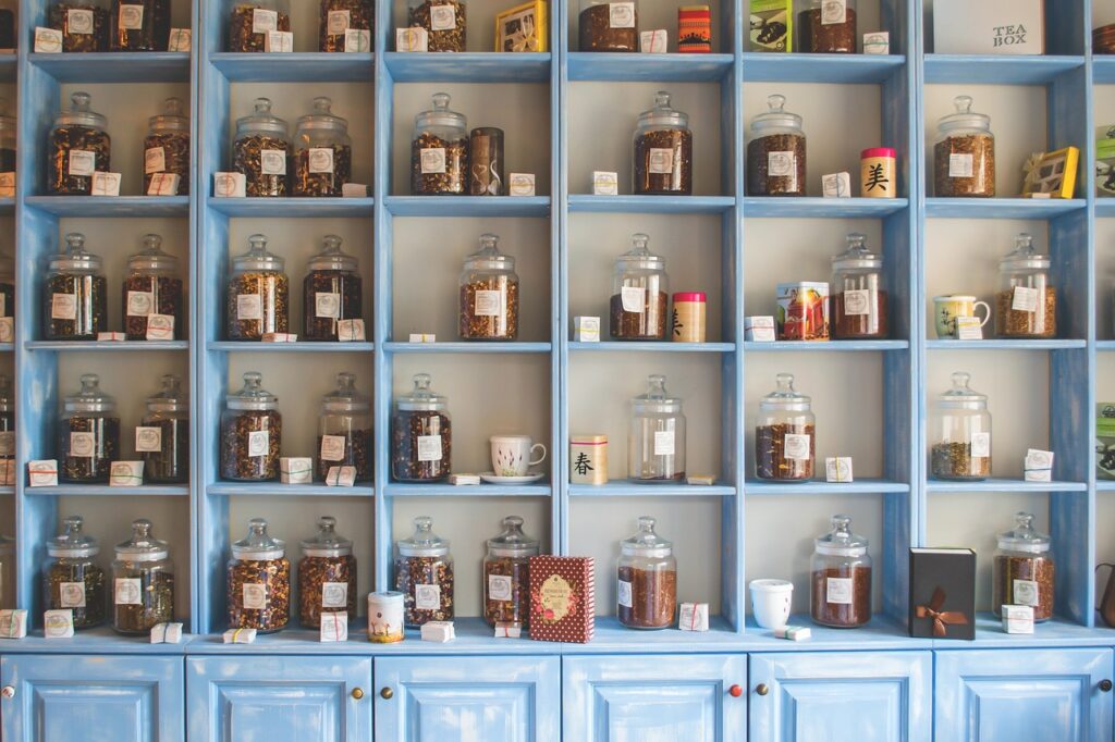 Interior of an organic grocery store in Madeira with shelves of jars