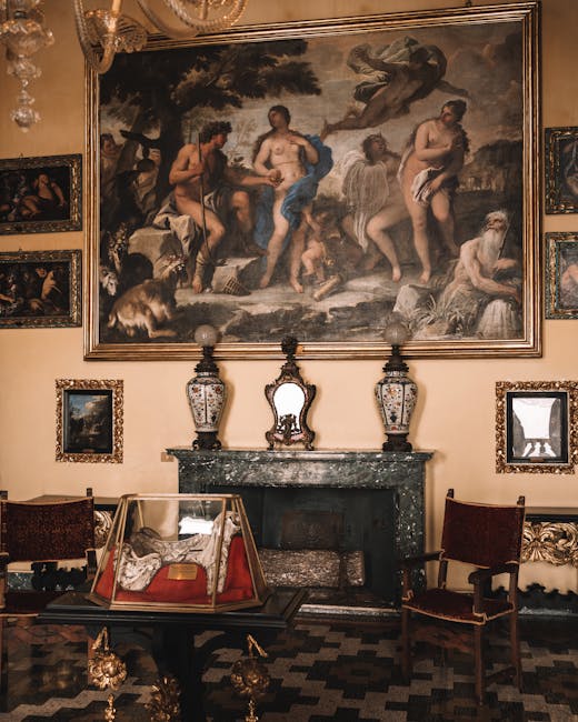 Interno di palazzo veronese con grande dipinto sopra il camino e teca