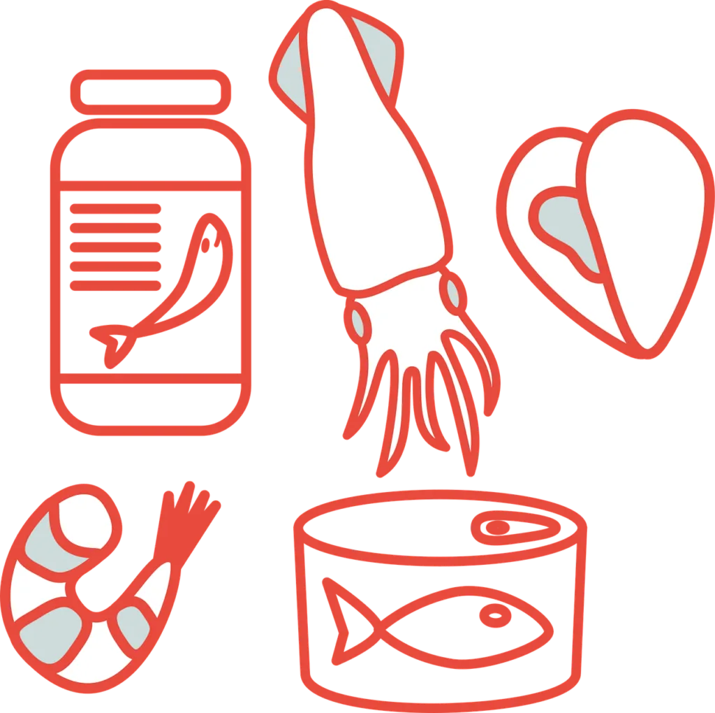 Icônes stylisées de fruits de mer et conserves rouges et blanches
