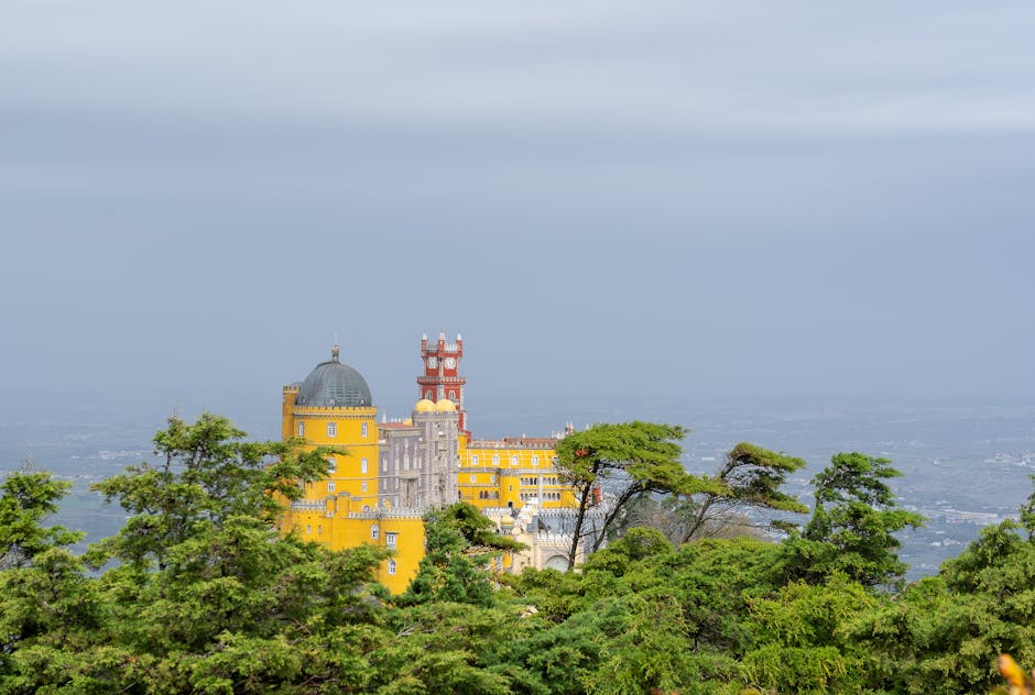 Vista dell'alba sul Palácio da Pena sopra la foresta