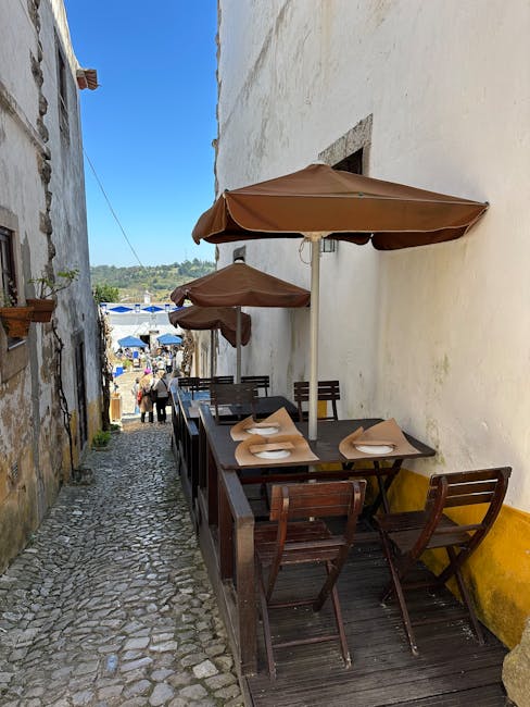 Narrow cobblestone street in Coimbra with outdoor café seating
