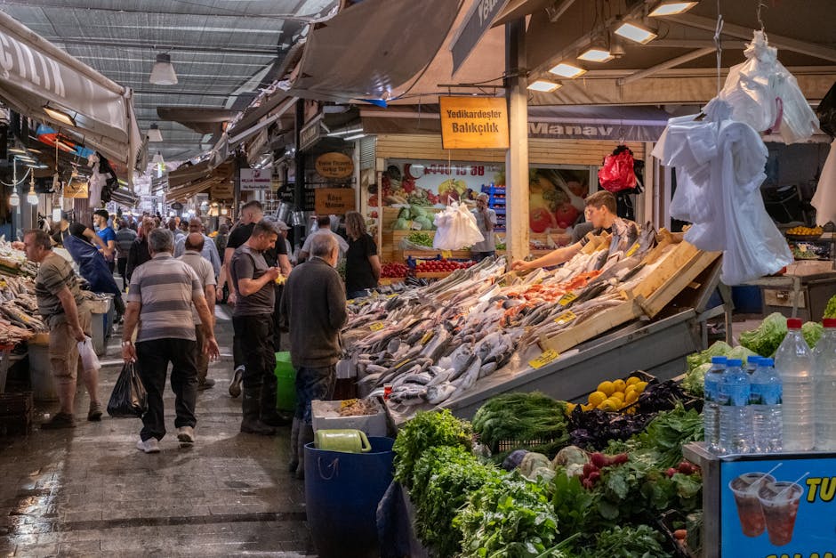 Marketplace with fish and vegetable stalls in Coimbra