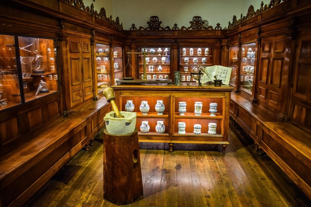 Old pharmacy display and scientific instruments at the science museum