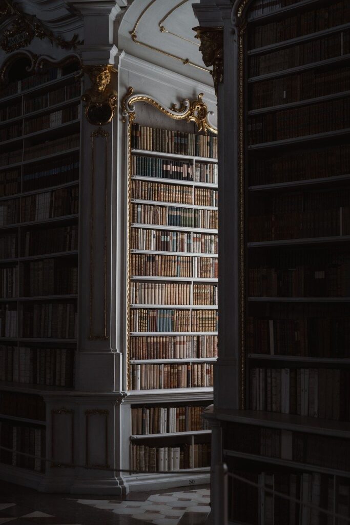 Barokowe wnętrze Biblioteca Joanina z drewnianymi regałami