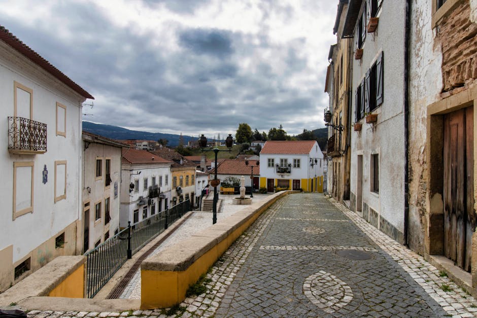 Oude binnenstad van Coimbra bij zonsondergang, met geplaveide straat en rij huizen