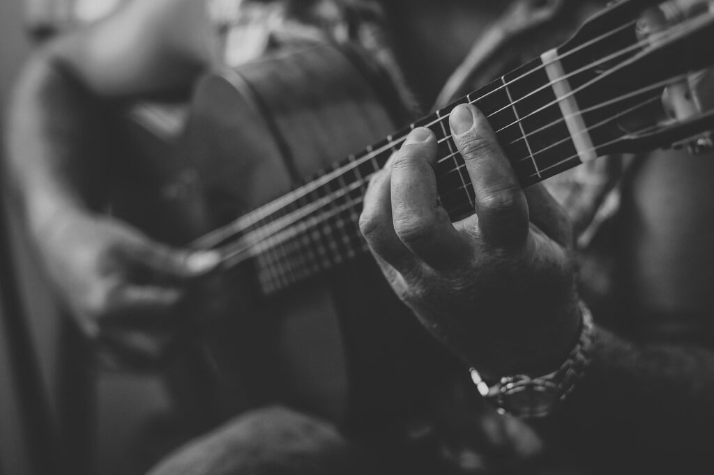 Hands playing the Portuguese guitarra in a Coimbra fado performance