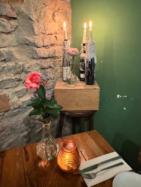 candlelit table in a rustic Polish restaurant interior