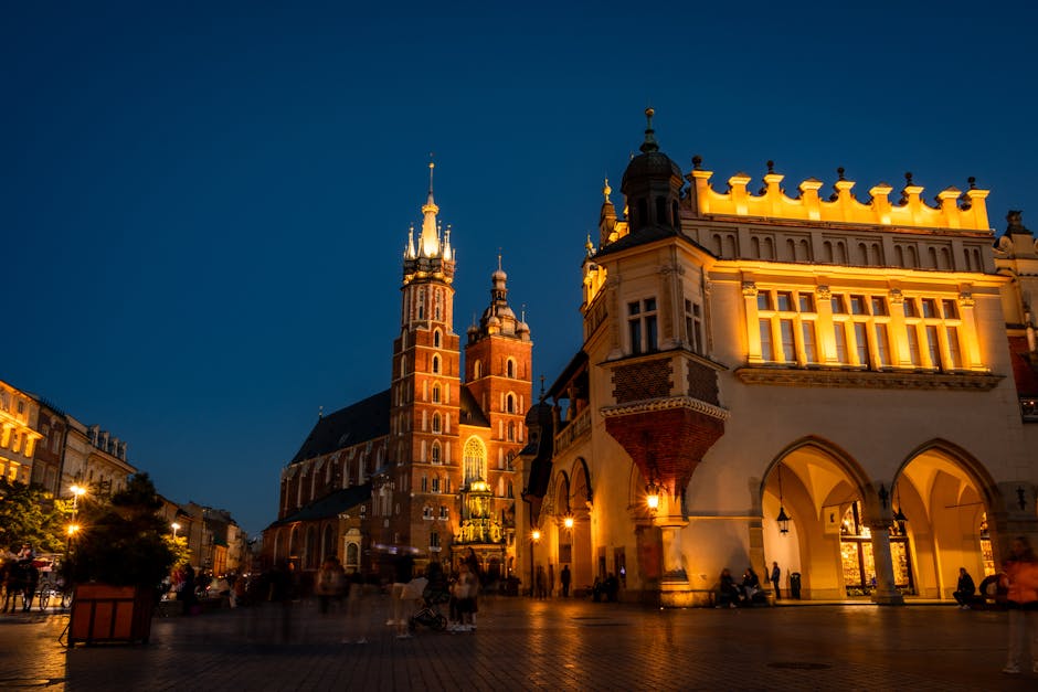 Main Market Square at night with emergency lights in Krakow