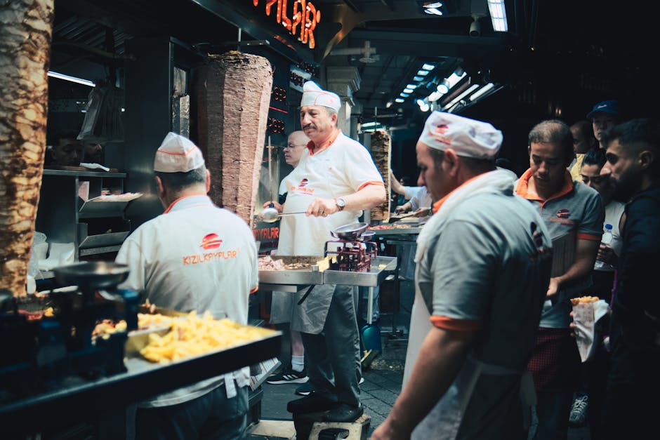 Busy kebab street stand in Warsaw with grilled meat and flatbread