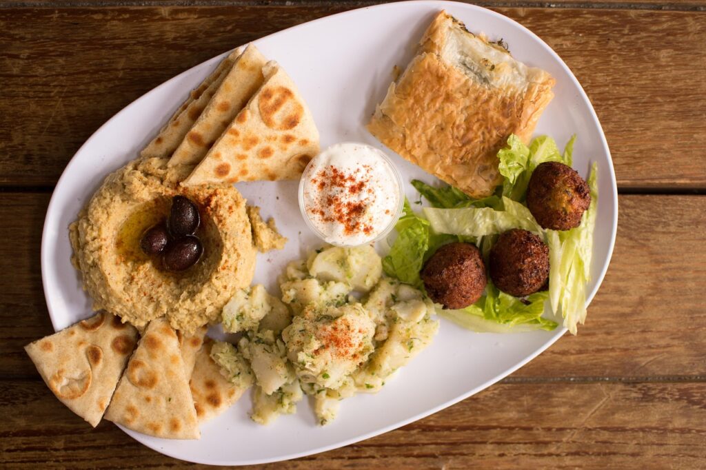 Mediterranean mezze platter with hummus, falafel and pita