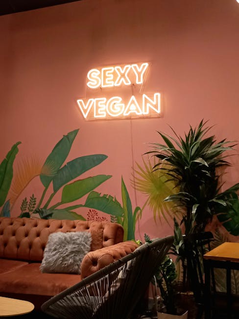 Bright modern vegan cafe interior with plants