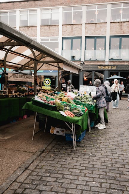 Open-air market stalls at Wilson Square with fresh produce