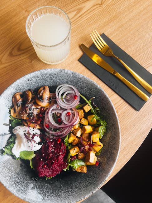 Organic vegan brunch bowl in a rustic bistro interior