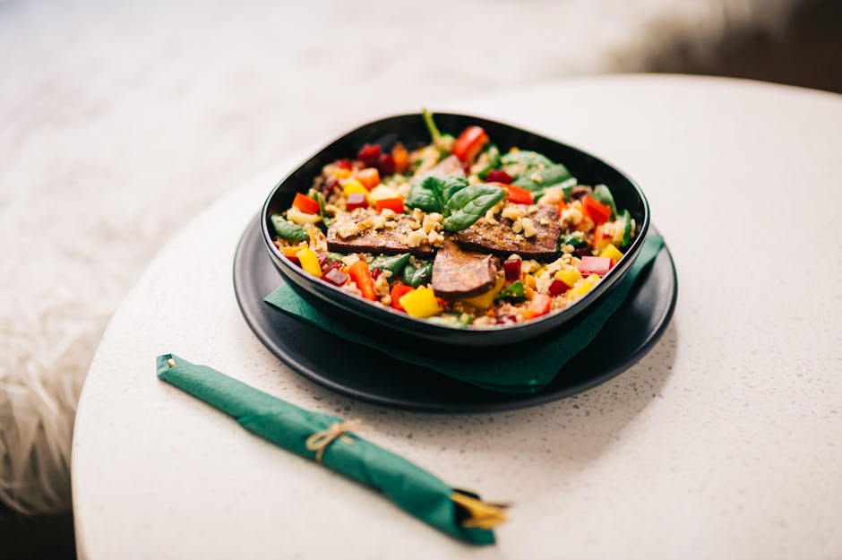 Vegan bistro interior in Warsaw with colorful plant-based dishes and bowls