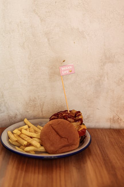 Vegan burger and fries in modern Warsaw fast-casual restaurant interior