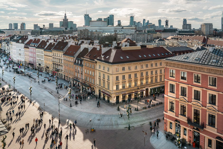 Aerial view of Plac Wilsona at sunset
