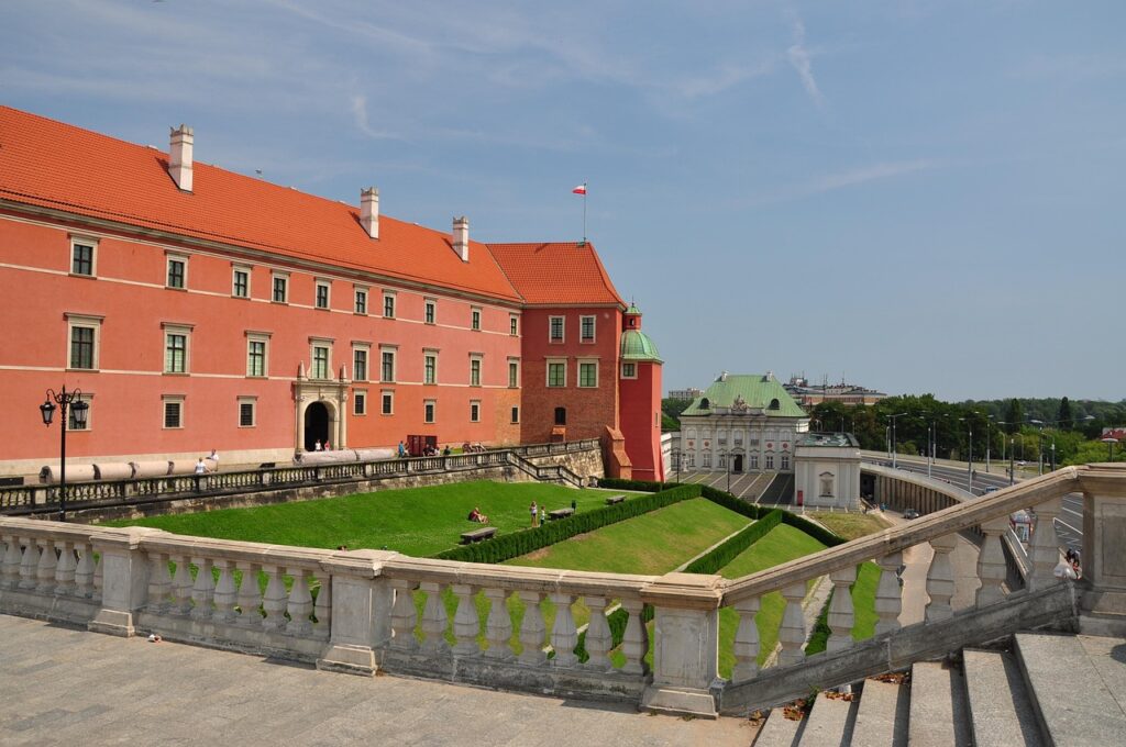 Royal Castle in Warsaw illuminated in the evening at Plac Zamkowy