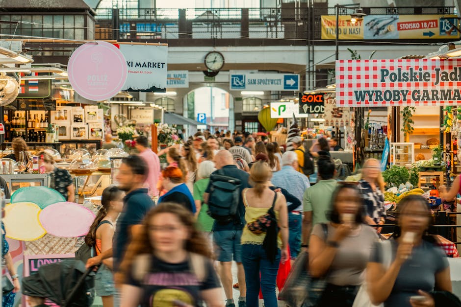 Wola food hall with modern stalls on Młynarska