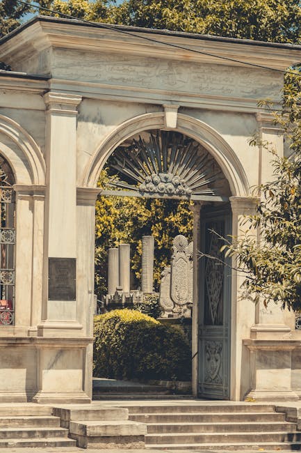 Entrance to Powązki Cemetery with walkers, historic site in Żoliborz