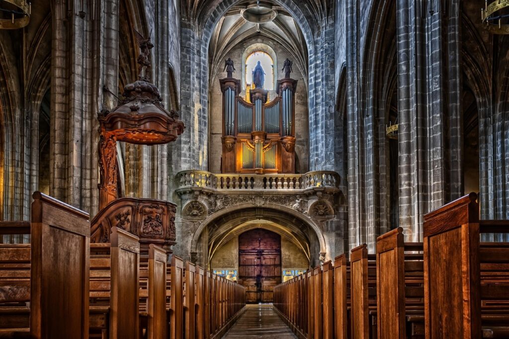 Interno della Cattedrale di Saint-Pierre, organo storico in Place du Bourg-de-Four