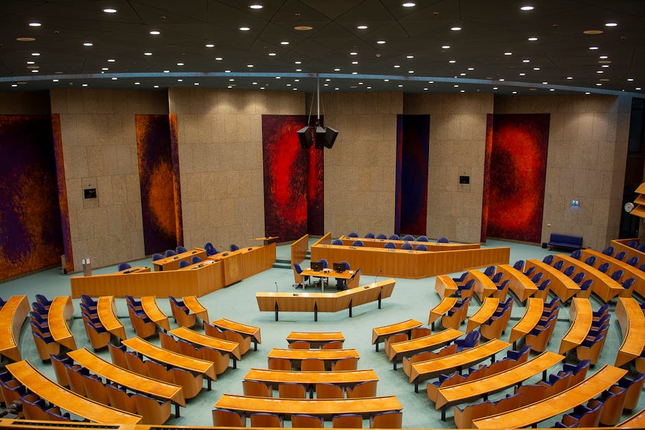 Interieur van de Algemene Vergaderzaal bij de Verenigde Naties in Genève