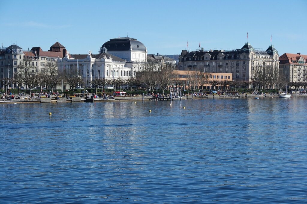 Lake Zurich promenade with boats at sunrise, Bürkliplatz