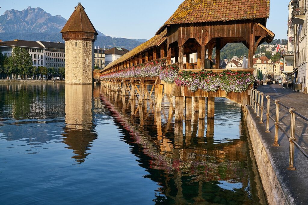 Chapel Bridge at sunrise over the Reuss River in Lucerne