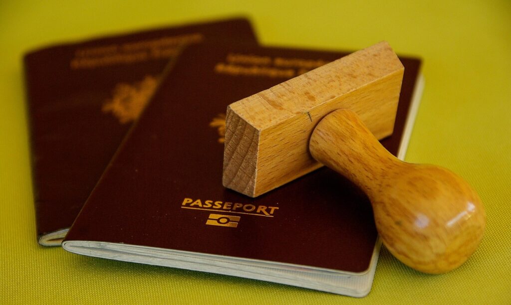 Traveler presenting passport at customs desk in Lucerne