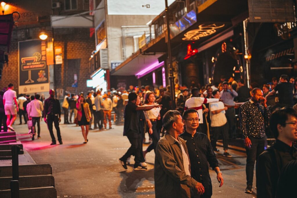 Flon district at night with modern bars and crowds